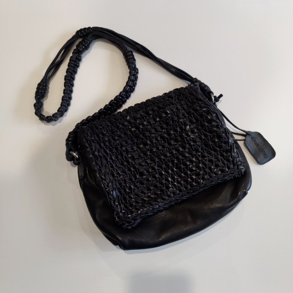 Black Leather Woven Crossbody/ shoulder Bag